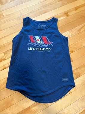 Life is good cotton tank blue small Canada Beach Chairs Cottage Lake Sea